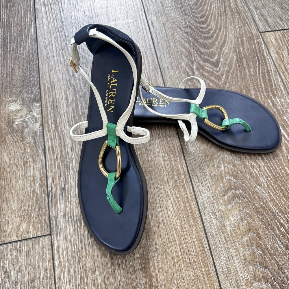 Lauren Ralph Lauren Nanine Leather Sandals Navy White Green‎ Gold Hardware 6B